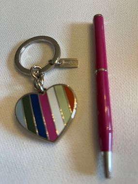 Coach Legacy Striped Heart Locket Keychain and Coach pen